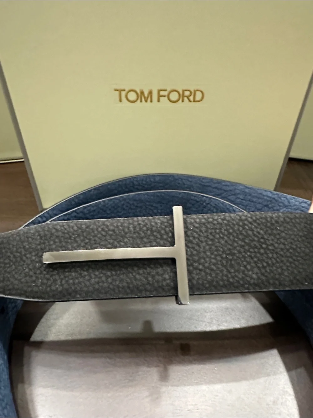 Tom Ford Black and Blue Leather T-Buckle Reversible Belt
